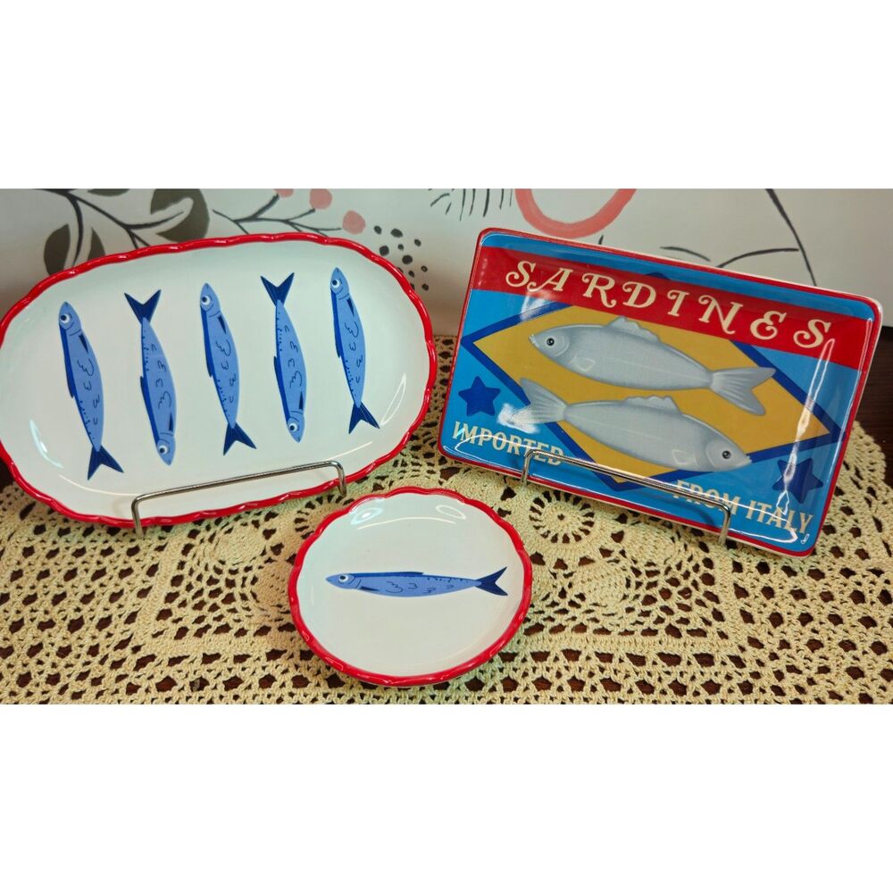 NWT Set of 3 Various Ceramic Kitchen Trinket Plates Sardine Fish Theme
